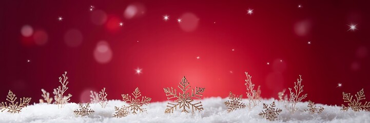 Red christmas background with golden snowflakes and sparkling snowy foreground  
