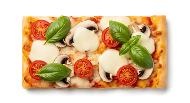 Delicious rectangular pizza with fresh basil mushrooms and tomatoes isolated on white background