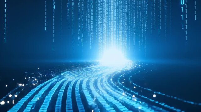 Abstract stream of glowing binary code and text characters flowing into central core large language model concept