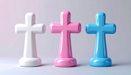 Three colorful crosses standing upright, symbolizing faith and diversity in a minimalist setting.