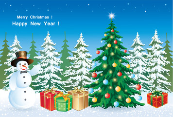Merry christmas and happy new year greeting card with Christmas tree, gift boxes, and snowman on snowy winter nature for holiday design, festive background and marketing materials. Vector illustration