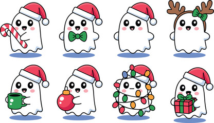 Cute Christmas ghosts in festive costumes with Santa hats, holiday props, cheerful expressions, and whimsical decorations for seasonal celebration.