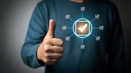Complete tasks successfully with an enthusiastic thumbs up, showing positive feedback and checkmarks for approval, ideal for business or educational uses