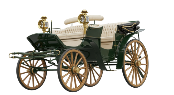 Isolated vintage carriage, open horseless with padded seating and ornate lighting fixtures