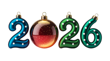 Vibrant 3D Christmas ornaments forming the year 2026, featuring glossy blue, red, and green bauble-style numbers with festive polka dots and sparkling holiday details.