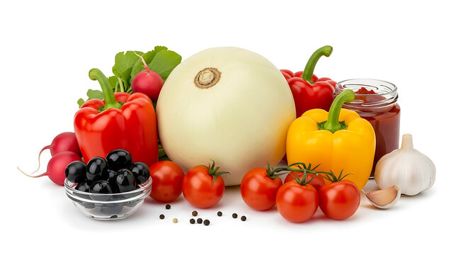 Assortment of fresh vegetables and fruits including peppers tomatoes olives garlic and melon isolated on white background