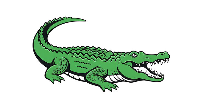 Green cartoon alligator with open mouth and sharp teeth isolated on white background