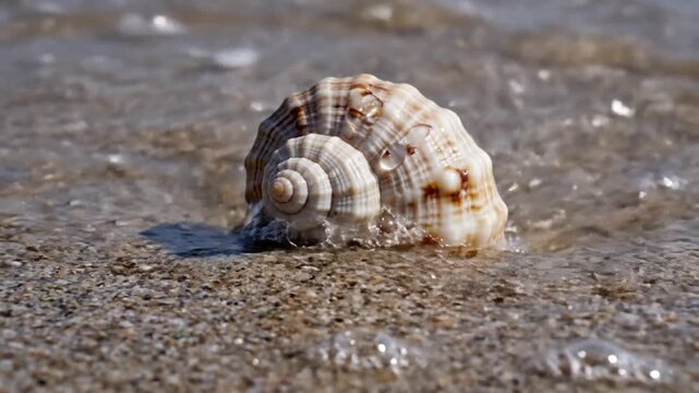 Close Up Of A Seashell Sitting On Wet Sand At The Edge Of The Ocean With Small Waves In The Background On A Sunny Day
