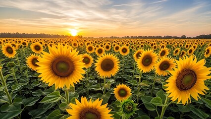 Obraz premium A vast field of blooming sunflowers facing the warm, golden light of a beautiful sunset on the horizon.