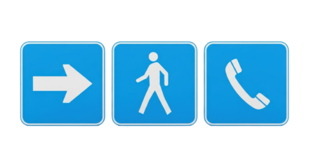 Isolated sign set featuring pedestrian, telephone and direction icon indicators for guidance