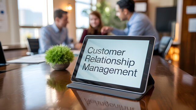 Customer Relationship Management(CRM) displayed on tablet with business people, concept of data analysis in business context.