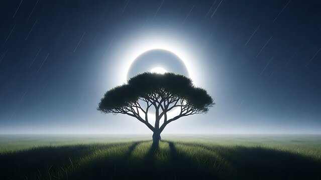 Solitary Tree Silhouette Against a Mystical Moonlit Sky.