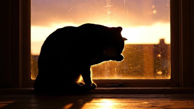 A silhouette of a cat against the warm glow of a setting sun through a window, emphasizing its shape and the light