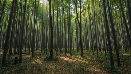 Obraz premium Sunlight streams through the high canopy of a dense, tranquil forest with tall, straight trees.