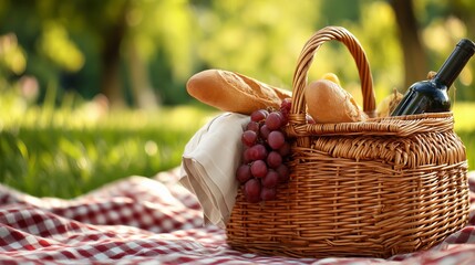 Enjoying a sunny picnic in the park with a wicker basket, baguette, and wine on a checkered blanket