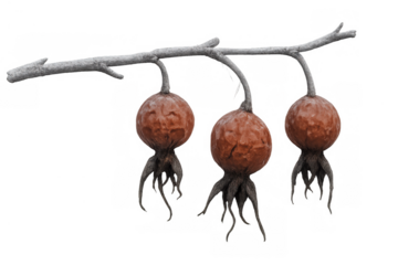 Three wrinkled rose hips hanging from a bare winter branch, symbolizing the cycle of life, dryness, and natural elements