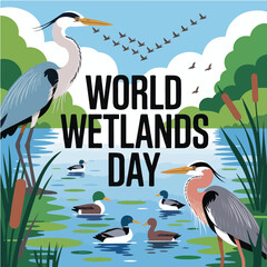 Naklejka premium World Wetlands Day Celebration with Herons and Ducks