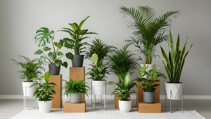 Fototapeta premium Collection of various lush green houseplant varieties in modern white and gray pots displayed on wooden blocks against a light gray wall