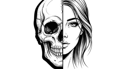 Illustration showing a woman's face merged with a skull, half of each displayed in a contrasting black and white style. © pelukis