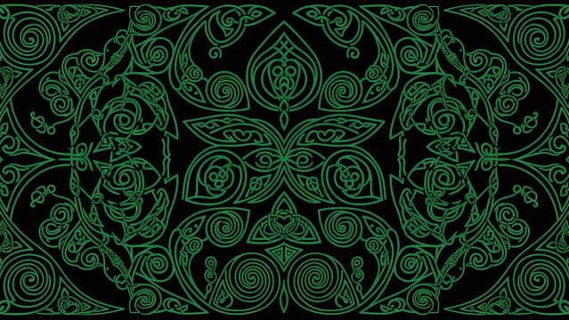 Green celtic knotwork pattern on black background with spirals and symmetrical designs throughout image