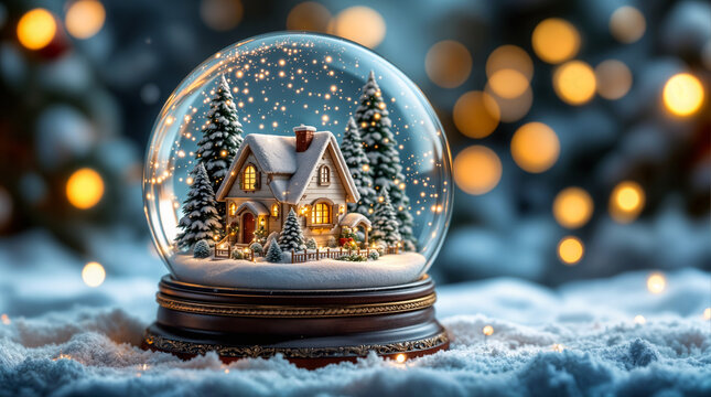 Schneekugel mit winterlichem Haus und Tannen, warme Lichter und Bokeh, stimmungsvolle weihnachtliche Dekoration im Schnee