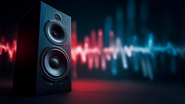 High-quality audio speaker with vibrant sound waves illuminating a modern setup, perfect for music lovers and audio enthusiasts.