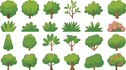 Stylized tree and bush collection with diverse foliage shapes, floral accents, and seasonal tones for nature-themed design and education.