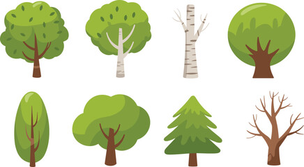 Stylized tree collection featuring diverse foliage, trunk shapes, seasonal variety, and botanical forms for nature-themed design and education.