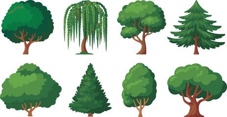 Stylized tree collection with diverse canopy shapes, trunk styles, and foliage types for educational, botanical, and nature-themed design.