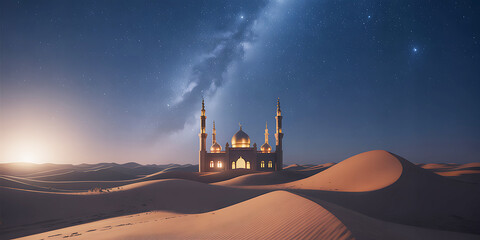 Majestic mosque illuminated under a starlit desert sky landscape