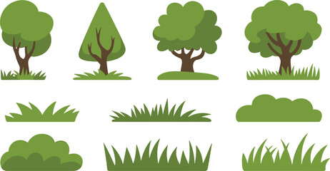 Stylized tree, bush, and grass collection with diverse foliage shapes for nature-themed design, landscaping, and educational illustration.
