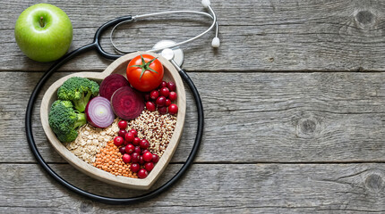Healthy eating for cardiovascular health and wellness with fresh vegetables, fruit, and grains in heart bowl and stethoscope.