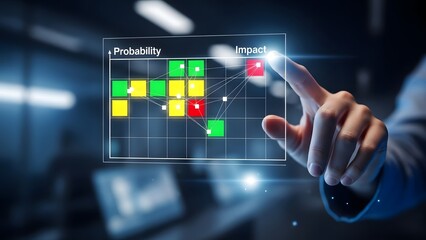 Man interacting with a futuristic digital interface displaying project status