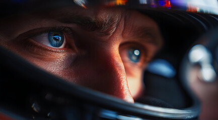 Close-up of a focused race car driver in reflective helmet, showcasing determination and concentration before the race starts.