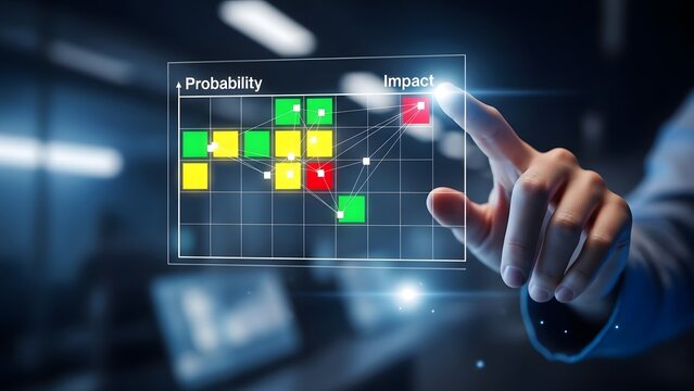 Man interacting with a futuristic digital interface displaying project status - Powered by Adobe