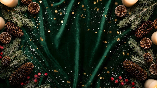 Dark green velvet texture backdrop with subtle snowfall overlay, sparkling gold confetti drifting, pinecones and evergreen foliage arranged symmetrically along the border, atmospheric cinematic