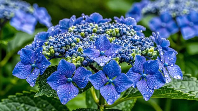 Closeup captures vibrant blue hydrangea blossoms, water droplets accent petals. Lush green foliage surrounds, creating natural beauty