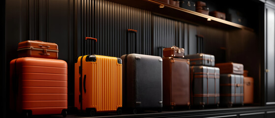 A stylish collection of suitcases in various colors displayed on a shelf, ready for adventure and travel.