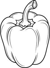 A detailed black and white illustration of a single bell pepper