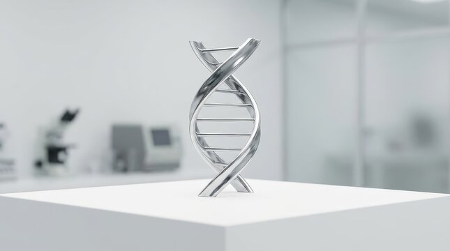 Silver DNA double helix model on display in a laboratory - Powered by Adobe