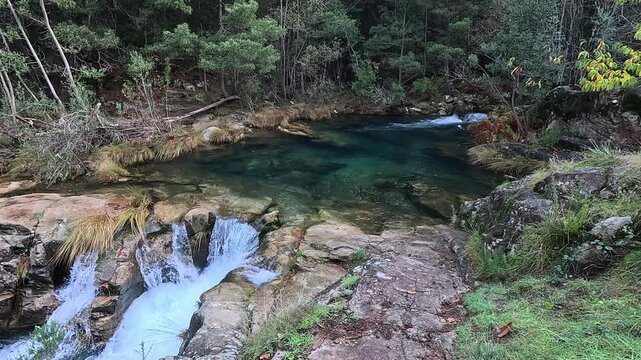 4K footage of a pristine natural pool in Pozas de Loureza, where turquoise waters flow over smooth rocks into a cascading waterfall. Dense forest and vibrant foliage create a tranquil, untouched parad