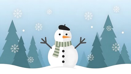 Obraz premium Whimsical Snowman in a Winter Wonderland with Evergreen Trees and Falling Snowflakes