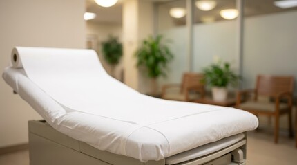 Clean medical examination bed in a healthcare clinic room