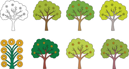 Tree and flower plant collection with diverse foliage, trunk colors, and seasonal variety for nature-themed design and education.