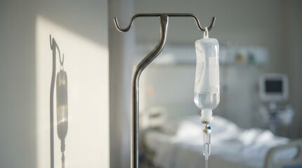 Medical IV drip bag hanging from stand in hospital room