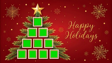 Festive christmas tree frame layout with photo placeholders and happy holidays text