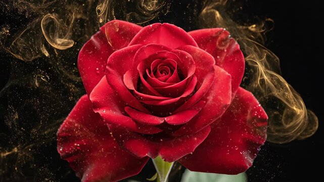 A vibrant, close-up captures a full bloom, ruby red rose with water droplets. Gold mist swirls around its petals on a black background
