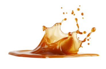 Dynamic caramel sauce splash frozen in time against a transparent background