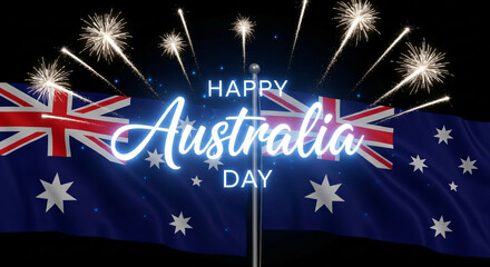 Happy Australia Day. lettering text animation with Australia Flag Background. Australia Day Celebration. Happy January 26th Independence day celebration. 4K Video Greeting Card See Less