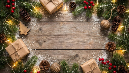 Rustic Christmas flat-lay background featuring wooden plank texture dusted with snow